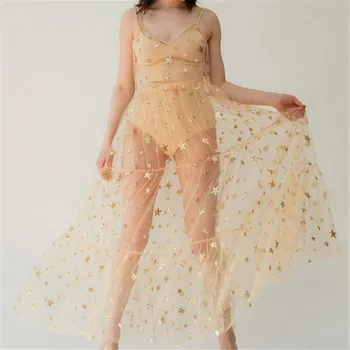 

New Women Ladies Fashion Casual Summer Chic Dress 2020 New Mesh Sheer Sling Solid V Neck Sleeveless Dress Beach Wear Cover-up