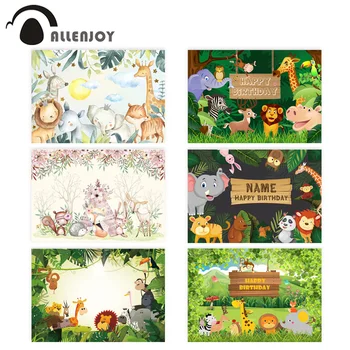

Allenjoy woodland animal photography background jungle elephant lion Kid birthday backdrop Safari Baby Shower photophone Banner
