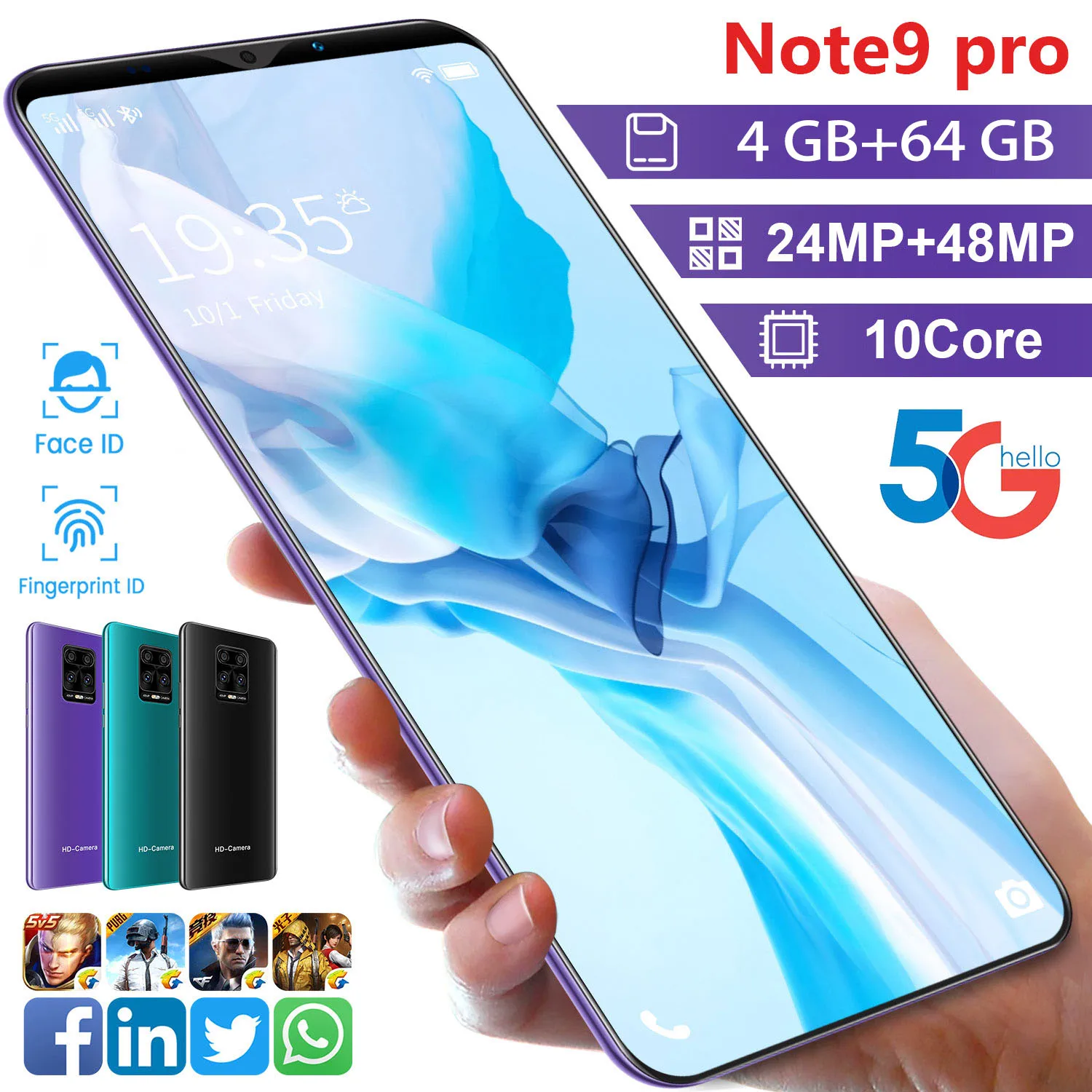 Смартфон Note 9 Pro Android 10 0 4 + 64 ГБ 5 дюйма 4G | Мобильные телефоны и аксессуары