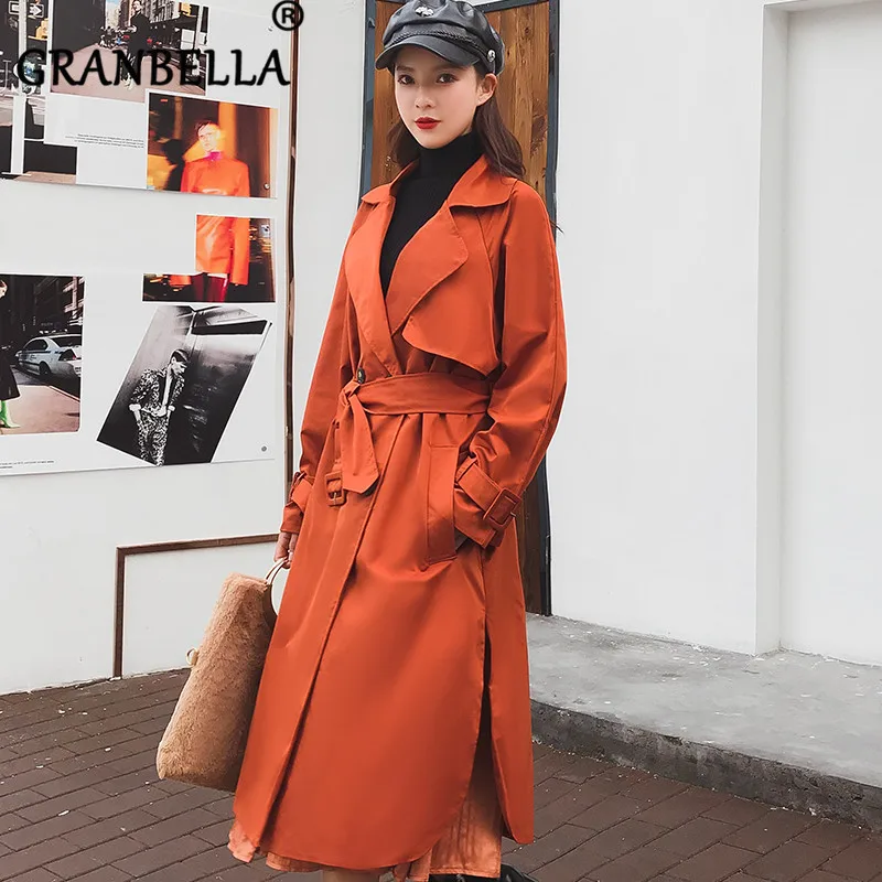 

Long Over-the-knee Coat Windbreaker Solid Color Double Breasted Elegant Office Lady Loose Large Size Women Casual Trench Coat