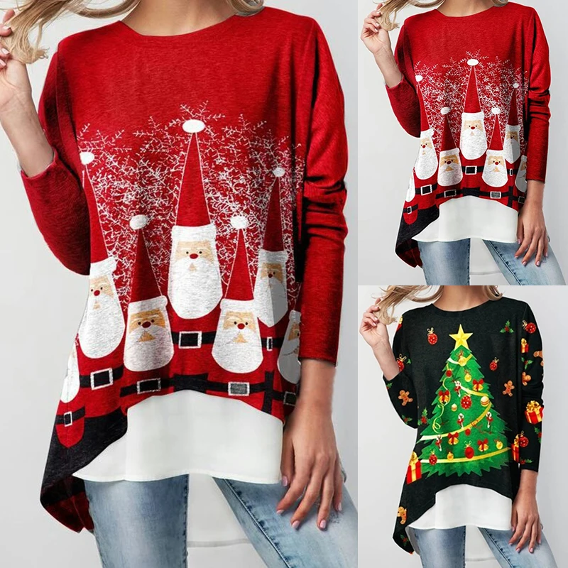 

2020 Christmas Blosue Women Autumn Winter Santa Claus Print Irregular Female Shirts Womens Tops And Blouses Plus Size 4XL