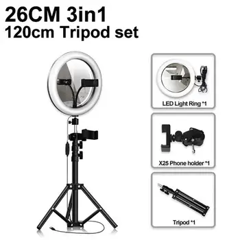 

10inch Photography LED Selfie Ring Light with Mirror Tripod Stand Phone Holder Dimmable Ring Lamp For Makeup Video Live Studio