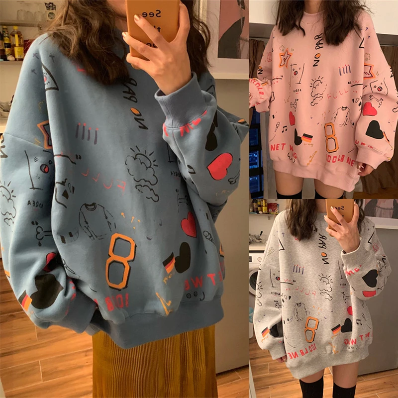 Harajuku Модные женские толстовки, уютные свитшоты с длинным рукавом, джемперы на осень и зиму с круглым вырезом, Свободные повседневные пуловеры, топы
