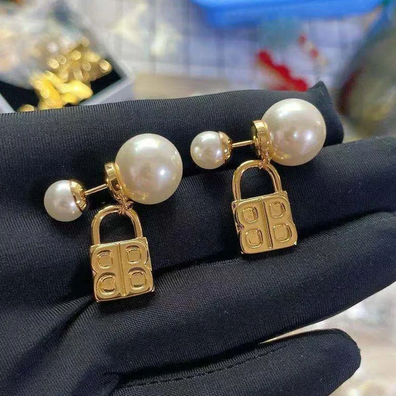 Серьги-капли с жемчугом и замком для женщин двойные золотые серьги B роскошные