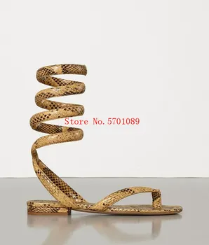 

Spiral Sandals Flat Sandals Python-printed Calf Leather Snake Spiral Ankle Strap Single Diagonal Strap Over Foot Flat Shoes