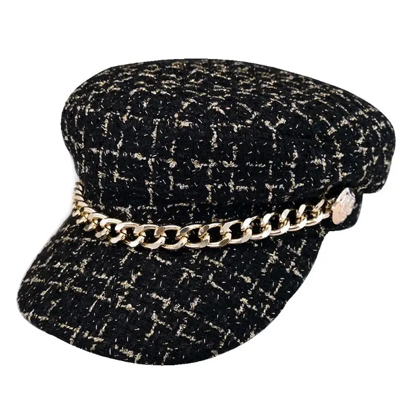 Женская винтажная твидовая шапка с металлической цепочкой, зимняя шапка в стиле ретро, Плоские береты, теплые шапки, Женская клетчатая Молодежная шапка LX9E - Цвет: BK