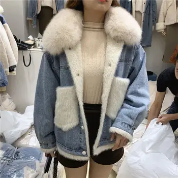 

big fur collar denim coat for womrn v-neck pocket coat thicken warm fleece lady warm fashion outwear coat tops
