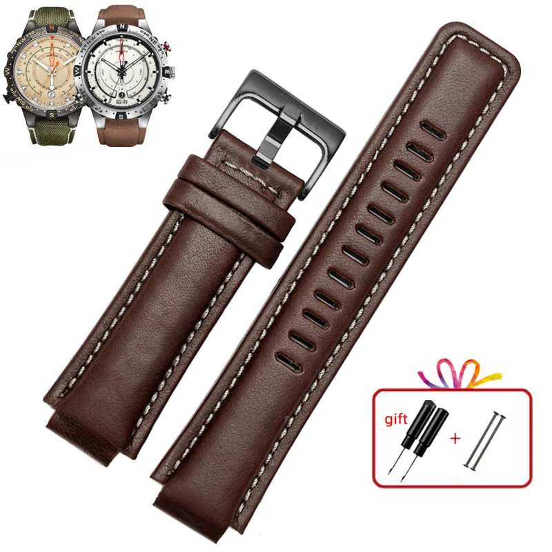 Premium Genuine Leather Watch Strap with Canvas Accents - Men's Convex Mouth Design