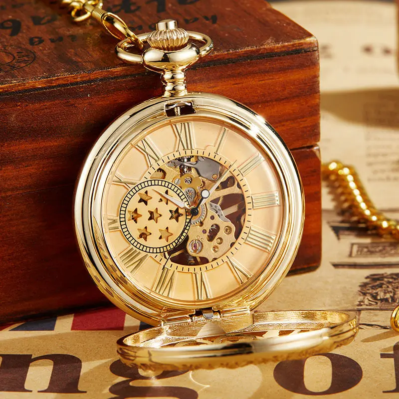 Hollow Mechanical Pocket Watch Steampunk Pendent Chains Gold Skeleton Hand-winding Fob Watch Men Women Xmas gifts