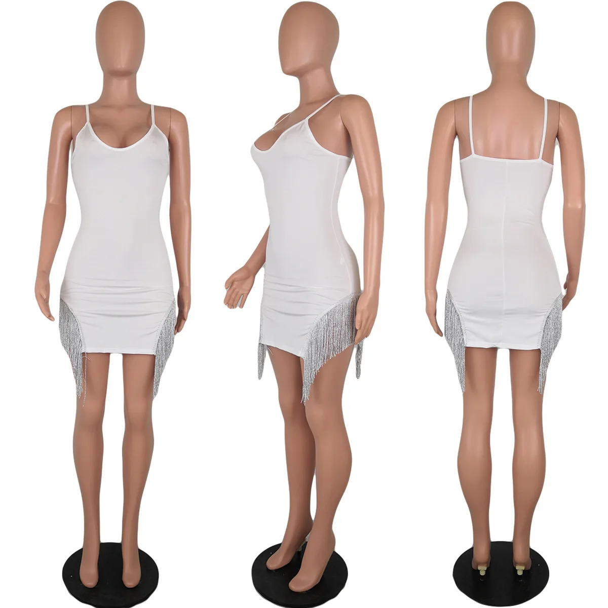 HAOYUAN сексуальное платье с кисточками для женщин Vestidos Спагетти ремень Bodycon бахрома Мини платья осень Белый Черный Клубная одежда Вечерние платья