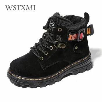 

New Winter Fur Boys Boots Kids Fashion Ankle Martin Boots Genuine Leather Shoes Plush Warm Waterproof Outdoor Children Snow Boot