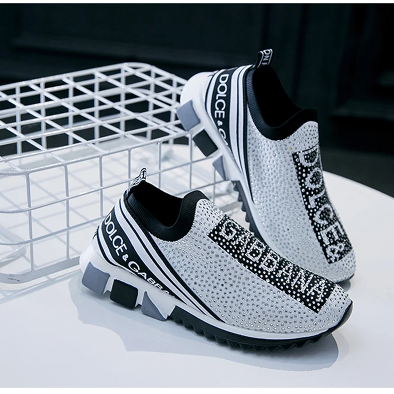Zapatos vulcanizados para mujer, zapatillas informales Unisex a la moda, calcetín de diseñador con diamantes de imitación, zapatillas antideslizantes para caminar, 2021