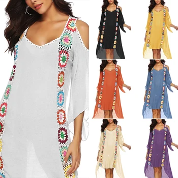 

Women Cold Shoulder Bathing Suit Beachwear Crochet Long Cover Up Dress