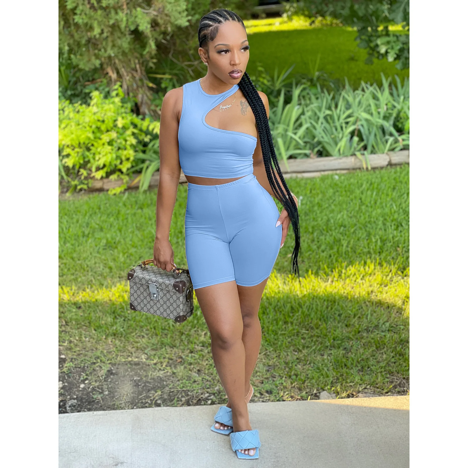 Ronikasha Women Biker Shorts Set 2 Piece Set Summer Short Sleeve Collarless Casual Jogger Cycling Suit Sexy Clothes