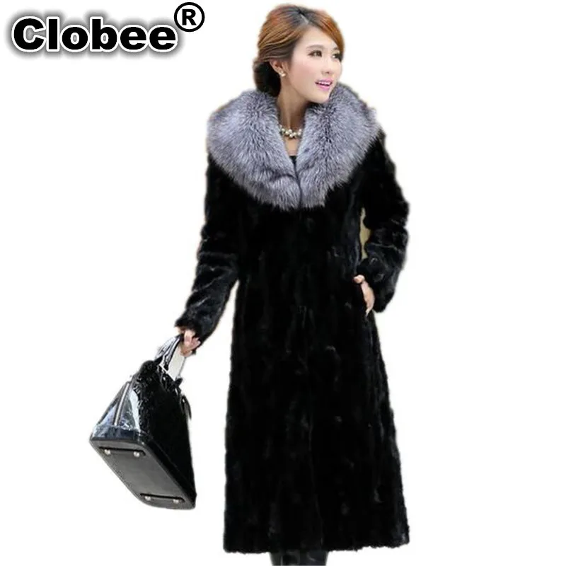6XL зимняя роскошная женская норковая шуба с меховым воротником из лисьего меха, свободный большой размер, утолщенная Женская длинная меховая верхняя одежда A1273