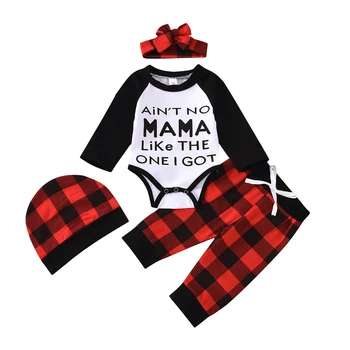 

4 Pcs Toddler Xmas Outfit O-Neck Long-Sleeves Rompers Top + Pants + Red Grid Hat + Bow Headband Suit for Baby Girl Boy Set