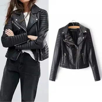 

2020 New Fashion Women Smooth Motorcycle Faux Leather Jackets Ladies Long Sleeve Autumn Winter Biker Streetwear Black Coat