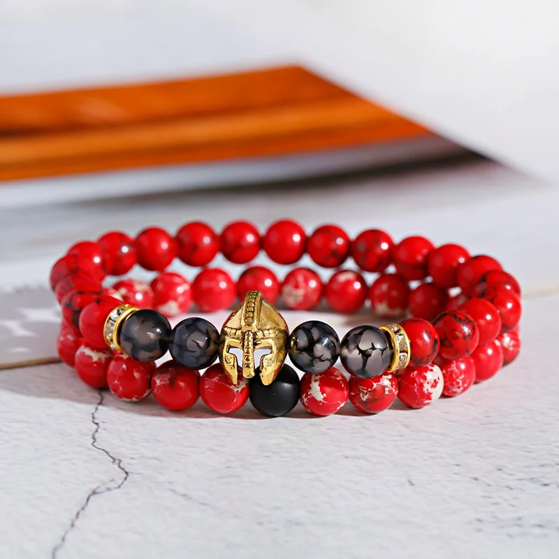 2021 Charm Men Bracciale Color Oro Cavaliere Spartano Casco Vintage Red Imperial Stone Beads Bracciali Per Le Donne