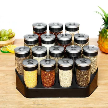 

16 Bottles Seasoning Organizer Shelf Condiment Pots Storage Jar Bottles Set Kitchen Spice Storage Rack Stand Holder 100ml