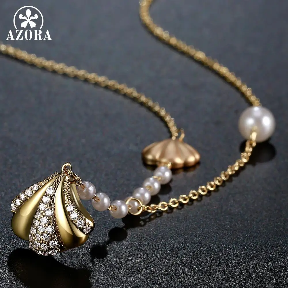 AZORA стильный AAA кубический цирконий два оболочки длинное ожерелье с подвеской для женщин девочек свадебные модные жемчужные украшения TN0289