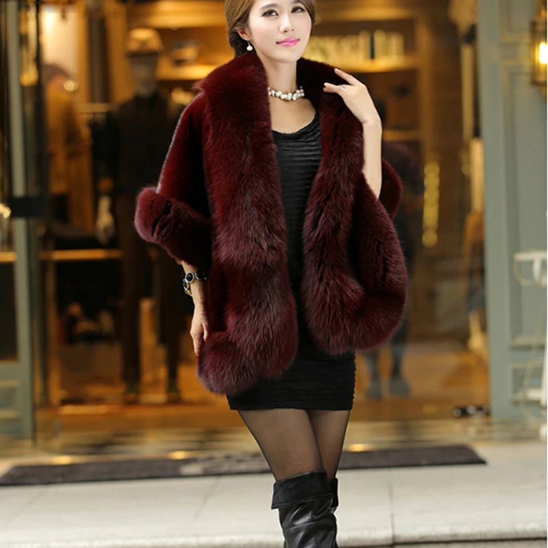Elegant Womens Faux Mink Cashmere Winter Warm Fur Coat Shawl Cape Fashion Solid Ladies Faux Fur Pashmina Poncho 2