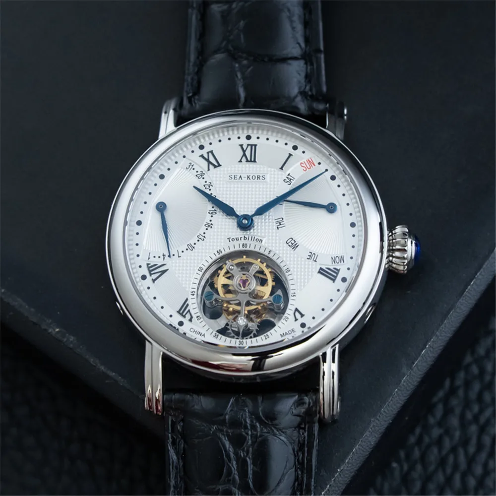 Высококачественные роскошные мужские часы с календарем и турбийоном ST8004, мужские механические часы из крокодиловой кожи с сапфировым циферблатом