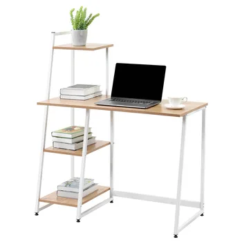 

Office Desk Wood Computer Desk with 4 Storage Shelf Steel Frame Laptop Desk Writing Table Gaming Desk Table for Home Office