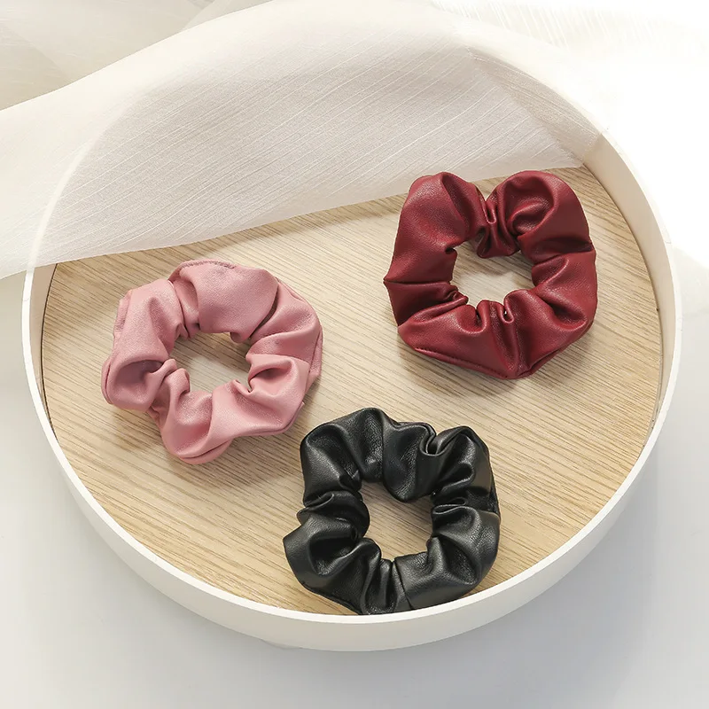 pink hair clips Stylish PU Leather Scrunchies Solid Hair Rubber band For Women Girls Elastic Hair bands Ponytail Holder Fashion Hair Accessories hair accessories for brides