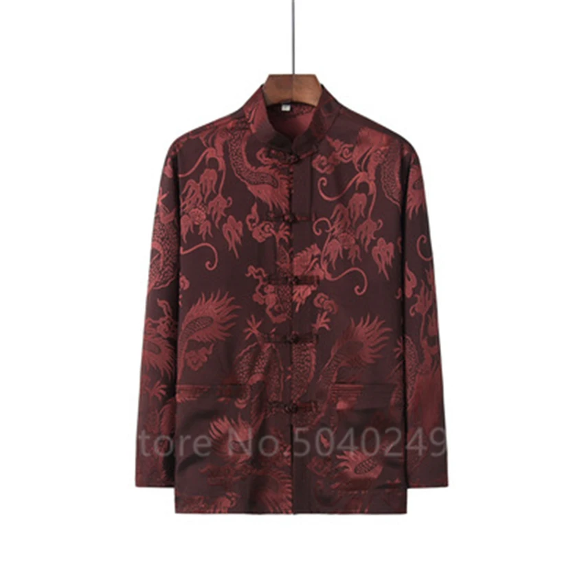 Традиционная китайская одежда для мужчин в стиле «дракон», рубашка с длинными рукавами, винтажный китайский топ кунг-фу, винтажные вечерние костюмы на год