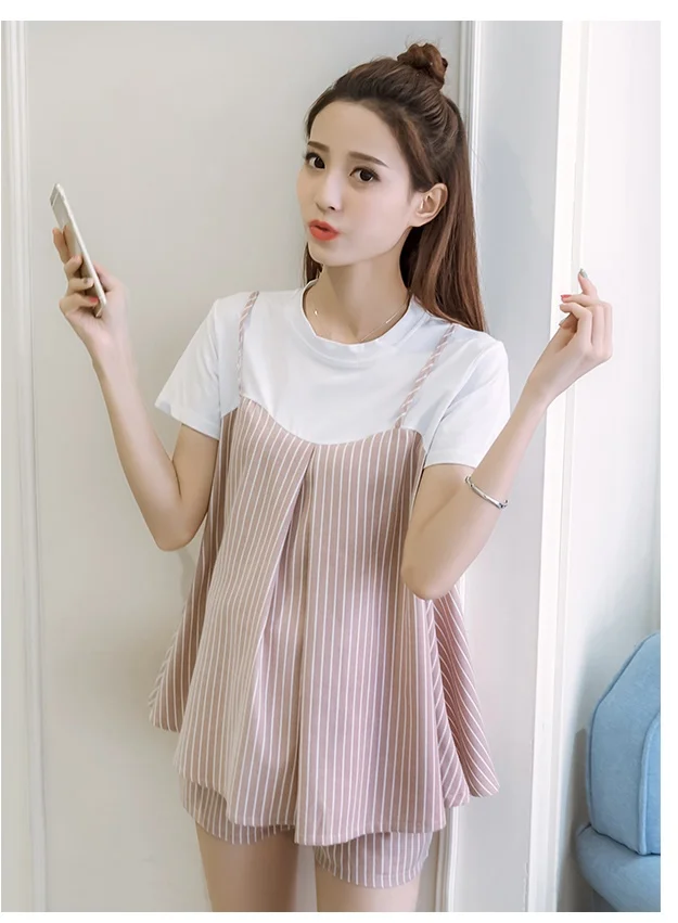 Trend pregnant women fashion spring and summer dress comfortable simple pregnant women suit stomach lift stripe two-piece fashio - Цвет: Розовый