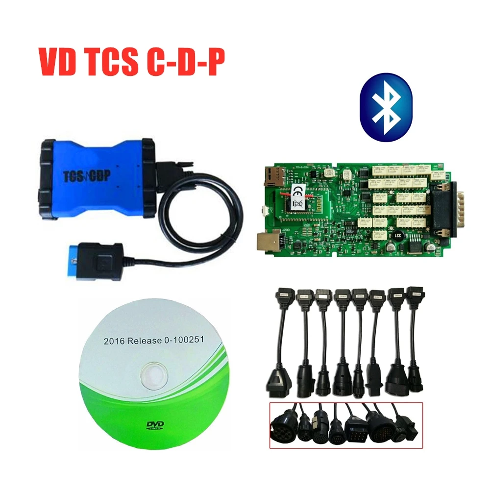 Качество A+ зеленый одноплатный с bluetooth 2016R0/2015R3 VD TCS C-D-P obd obd2 диагностический инструмент+ Полный комплект 8 шт. автомобиля/грузовика кабели