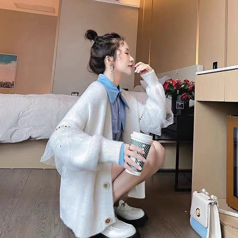 

Net Red Sweater Coat Female 2020 Spring New Style Korean-style V-neck Loose Faux Mink Sweater Cardigan Coat Fashion