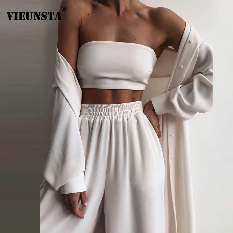 2021 primavera três peças conjunto roupa das mulheres elegante envoltório superior cardigan e elástico calças de cintura outono slash neck sólido homewear conjunto
