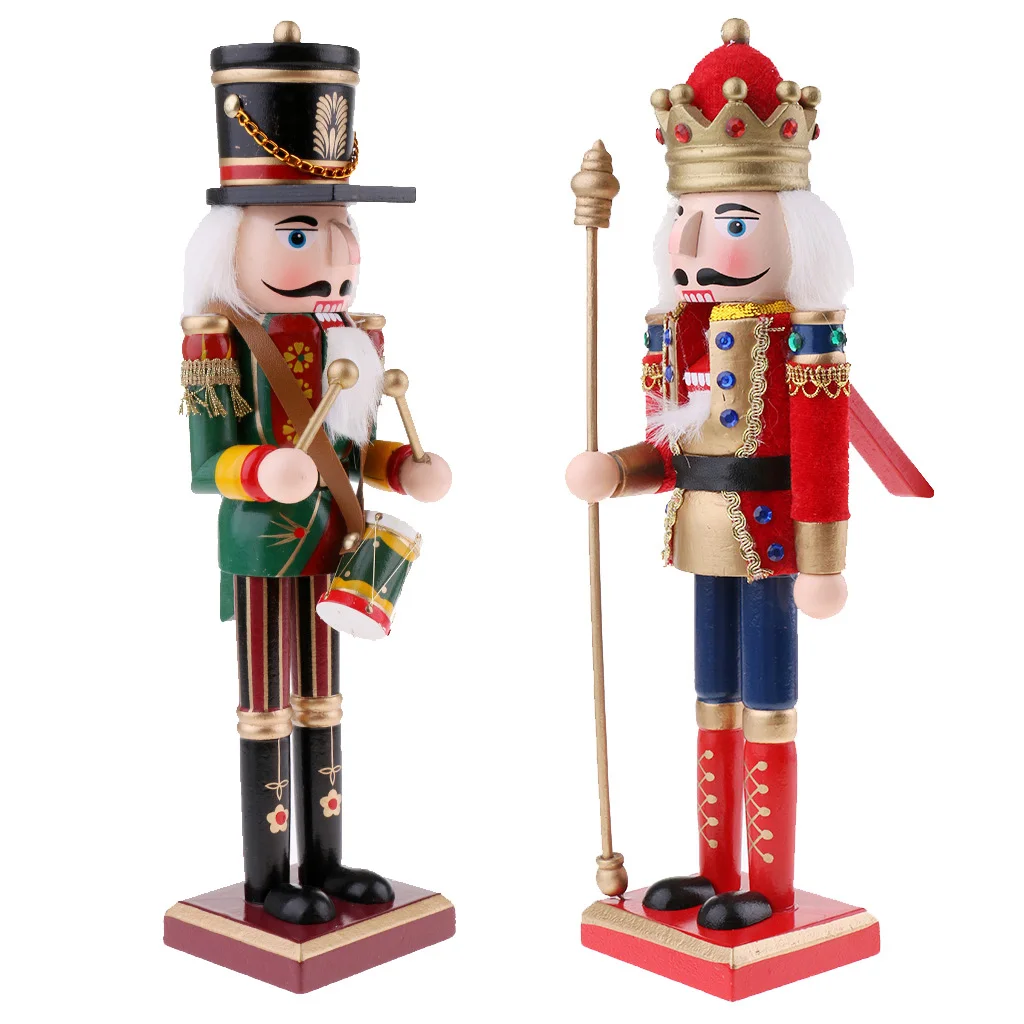 2 Pieces/Lot 30cm Hand Painted Wooden Nutcracker King Drummer Solider Figurine Puppet Doll Toy Birthday Gift Home Desk Decor