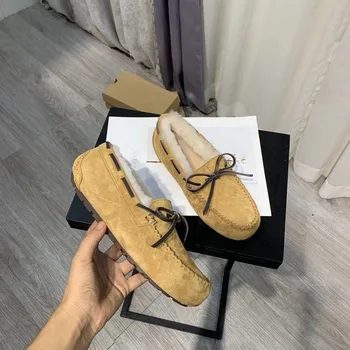 

Winter Women's Loafers Flat Shoes Butterfly-knot Decor Plus Wool Slip-on Round Toe 2020 New Luxury Brand Designer Shoes Women