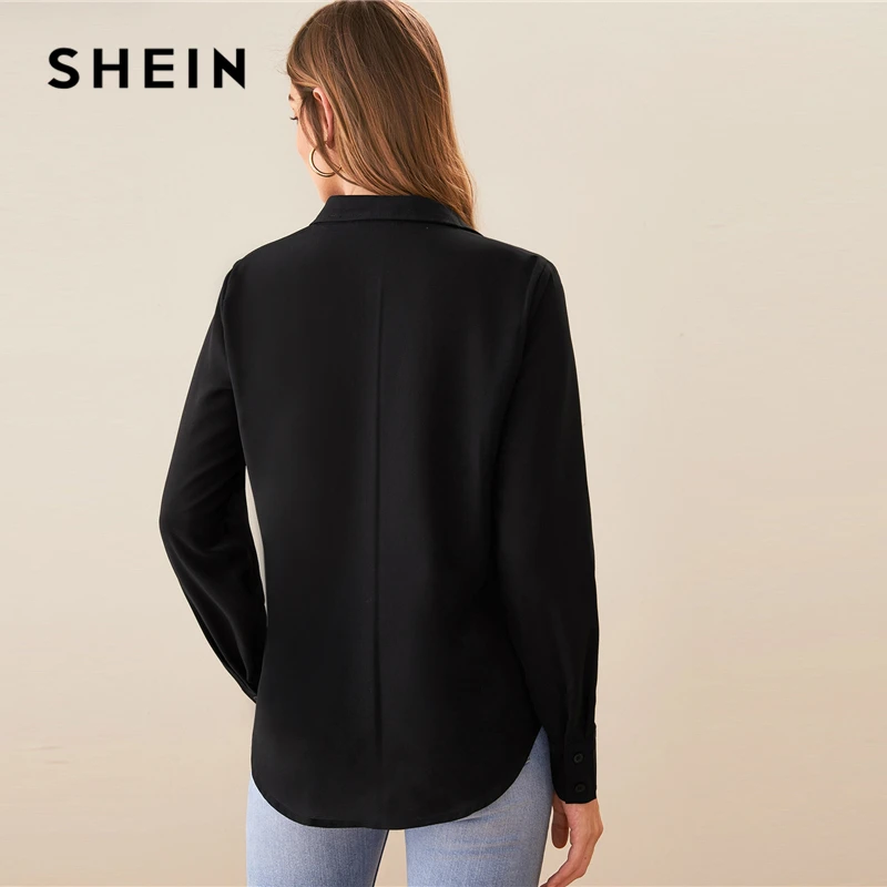 SHEIN черная однотонная Повседневная Блузка с отложным воротником, рубашка, женские топы, Осенние Асимметричные женские блузки с длинным рукавом