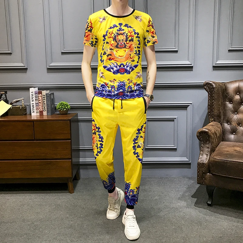 

Dragon Print Two Piece Set Men Slim Fit Outfits Men Set Short Sleeve T Shirt High Quality Tracksuit Top And Pants Men Yellow