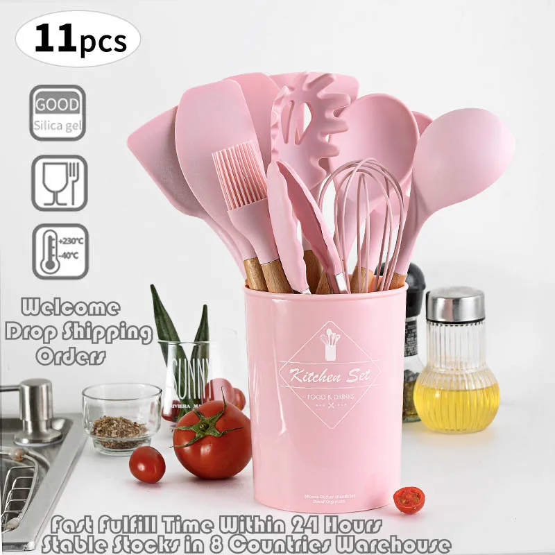 

11PCS/Set Silicone Kitchen Cooking Tools Utensils Set Non-stick Wooden Handle Spatula Shovels Cooking Tools Set with Storage Box