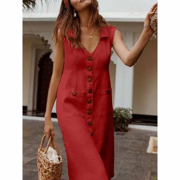 

5Xl Plus Size Women Elegant Midi Dress Loose 2019 Summer V-Neck Boho Dress Casual Button Pocket Beach Dress Vestidos