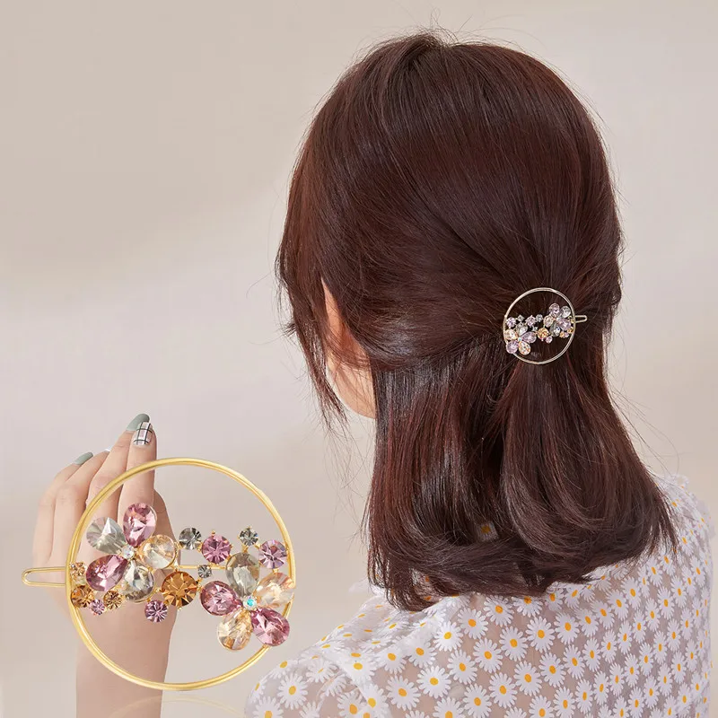 

CHIMERA Circle Metal Hair Pin Clear Austria Rhinestone Flower Barrette Round Hollow Out Hair Clip Hairgrips for Women Accessorie