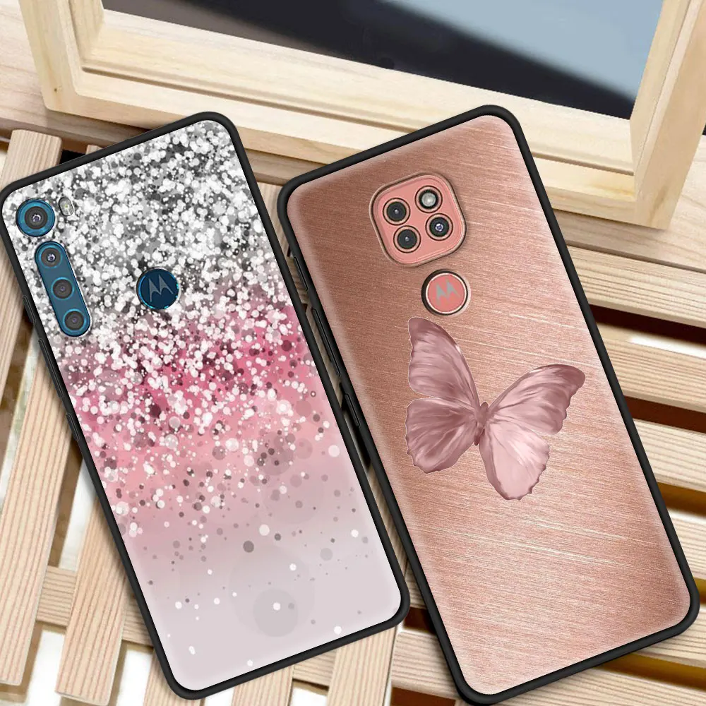 Black Case For Moto One Fusion G9 G8 Play Plus G10 Power G30 E6s One Hyper G Stylus Edge G60 G50 Gold Pink Rose Glitter Hearts