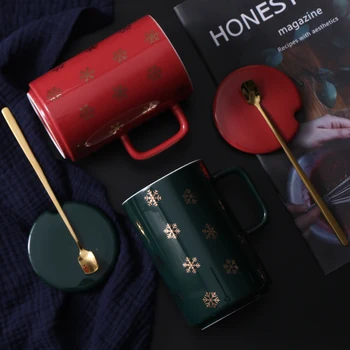 

INS Nordic Style Snowflakes Straight Mug with Lid Spoon Simple Household Water Cup 550ml Large Capacity Coffee Mugs Couples Cups