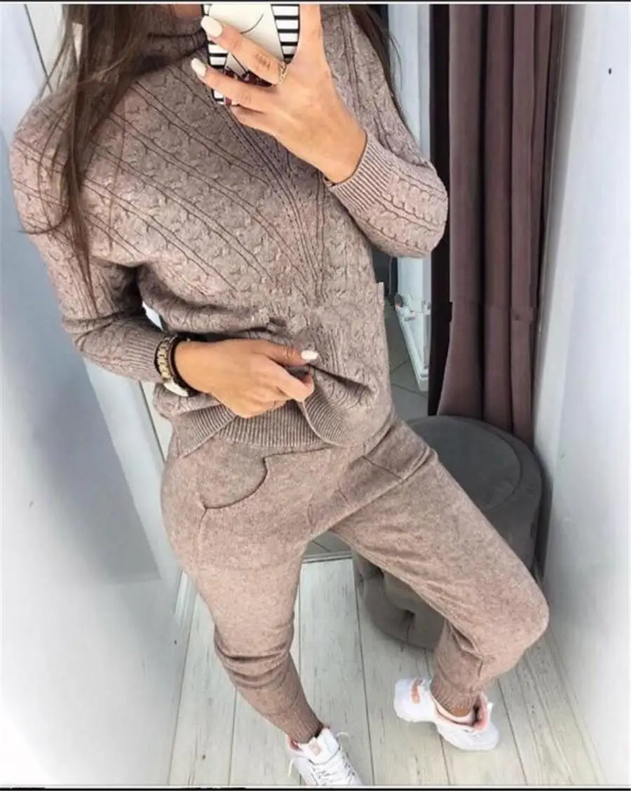 

Turtleneck Sweatshirts Pullover Knit Pants Suit Casual Two Piece Sets Women Fall Winter Warm Knitted Tracksuit Sporting Suit