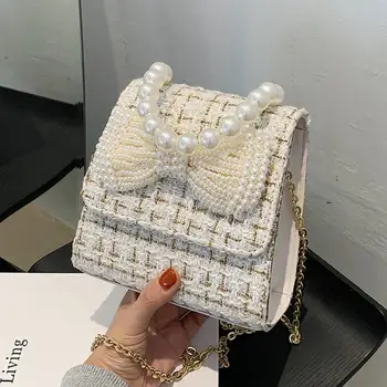 

Elegant Female Pearl Tote bag 2020 Fashion New Quality Wool Women's Designer Handbag Chain Shoulder Messenger Bag Travel Bag
