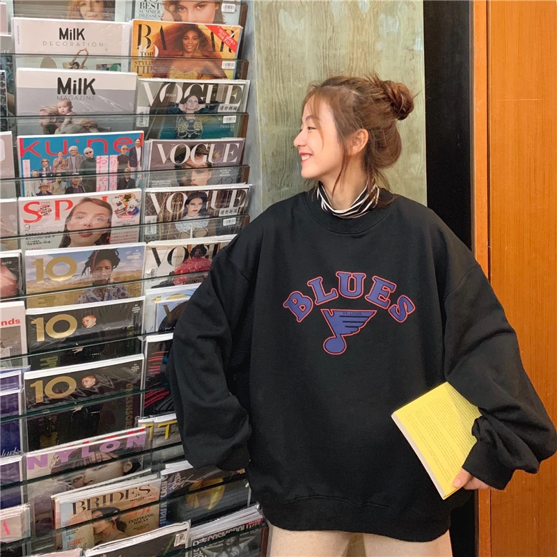 Letter Print Hoodies Women O-Neck Long Sleeve Long Sweatshirts Pullovers Casual Coat Autumn Korean Harajuku Loose Hoodies V529