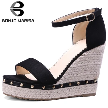 

BONJOMARISA Sexy Lady Summer Sandals High Wedges Platform Buckle Strap Sandals Women Rivet Holiday Casual Party Shoes Woman
