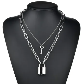 

Multi-layer Pendant Necklace Women O Chain Double Layer Key Open Lock Necklaces Punk Rock Disco Jewelry Woman
