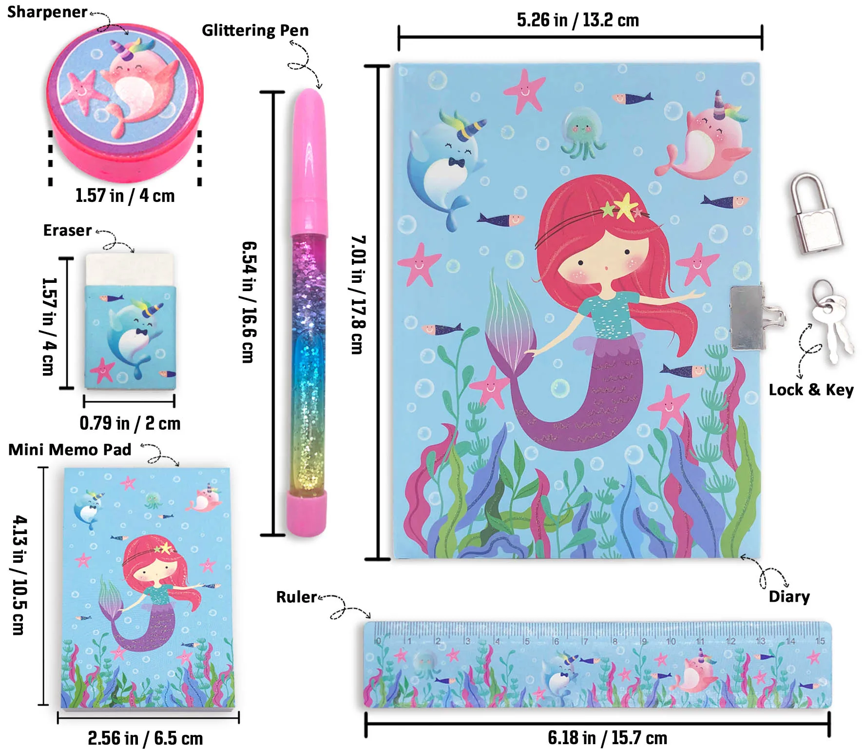 Girls Diary with Lock for Kids,Little Girls Mermaid Journal Set Includes 7.1x5.3 Inches Notebook Memo Pad Glitter Pen Ruler Sharpener Eraser in One Stationary Kit for Girls 