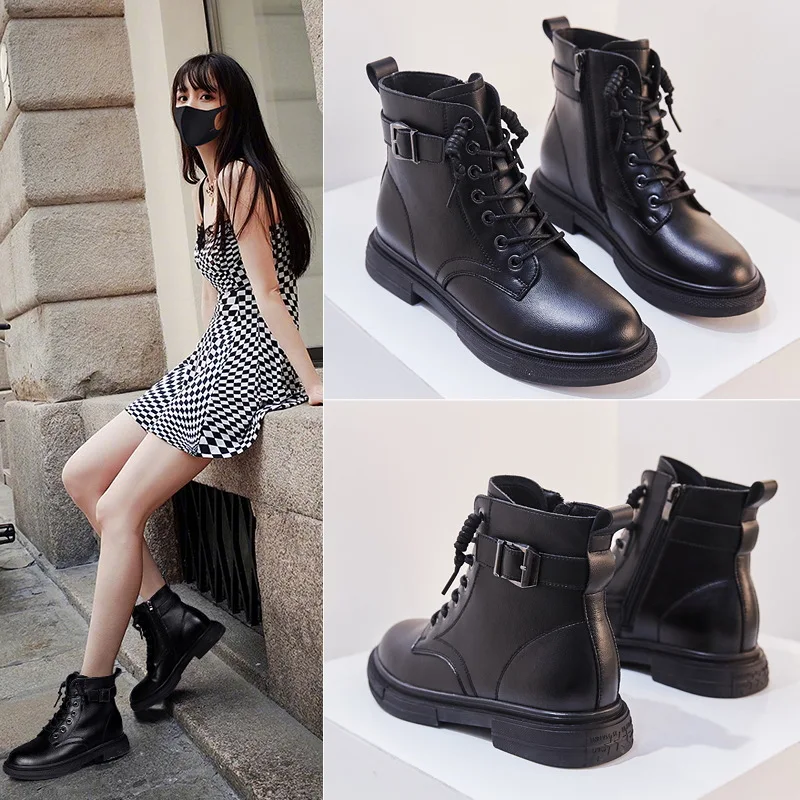 

2019 Winter New Style Women's round-Toe Genuine Leather Casual WOMEN'S Leather Boots Side Zipper Martin Boots Warm Low Heel WOME