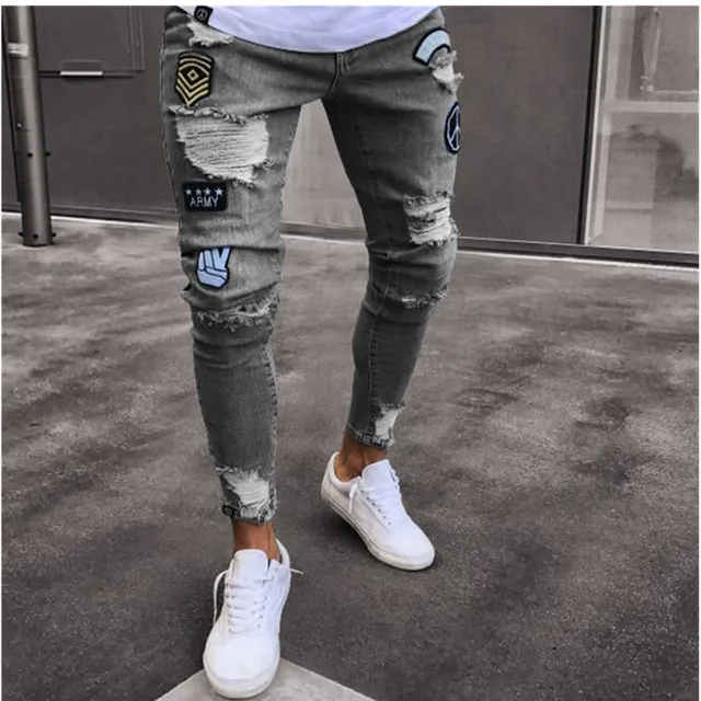Men Stretchy Ripped Skinny Biker Embroidery Cartoon Print Jeans Destroyed Hole Slim Fit Denim High Quality Hip Hop Black Jeans Gray